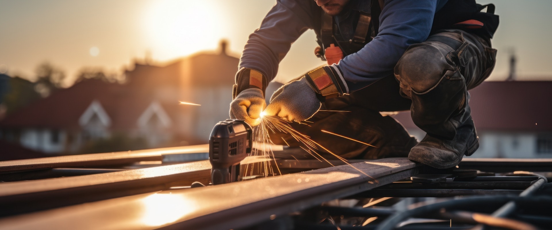 Arbeiter installieren ein neues Dach beim Fassadenbau