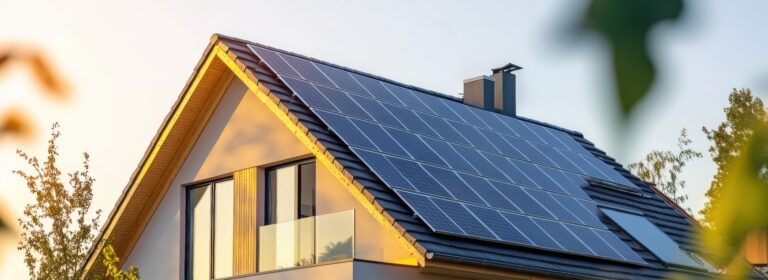 Nahaufnahme eines neuen Vorstadthauses mit einer Photovoltaikanlage auf dem Dach. Modernes umweltfreundliches Passivhaus mit Sonnenkollektoren auf dem Giebeldach, mit Sonnenlicht in der Morgenstimmung.