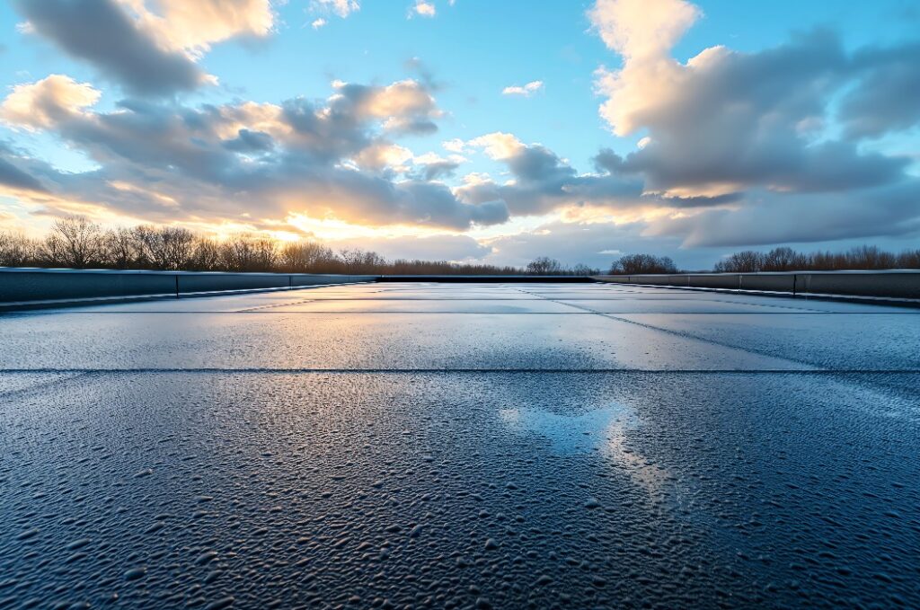 Ein nasses Flachdach, in dem sich die Wolken des Sonnenuntergangs spiegeln, steht für Ruhe, Reflexion, Wetter und Gelassenheit.