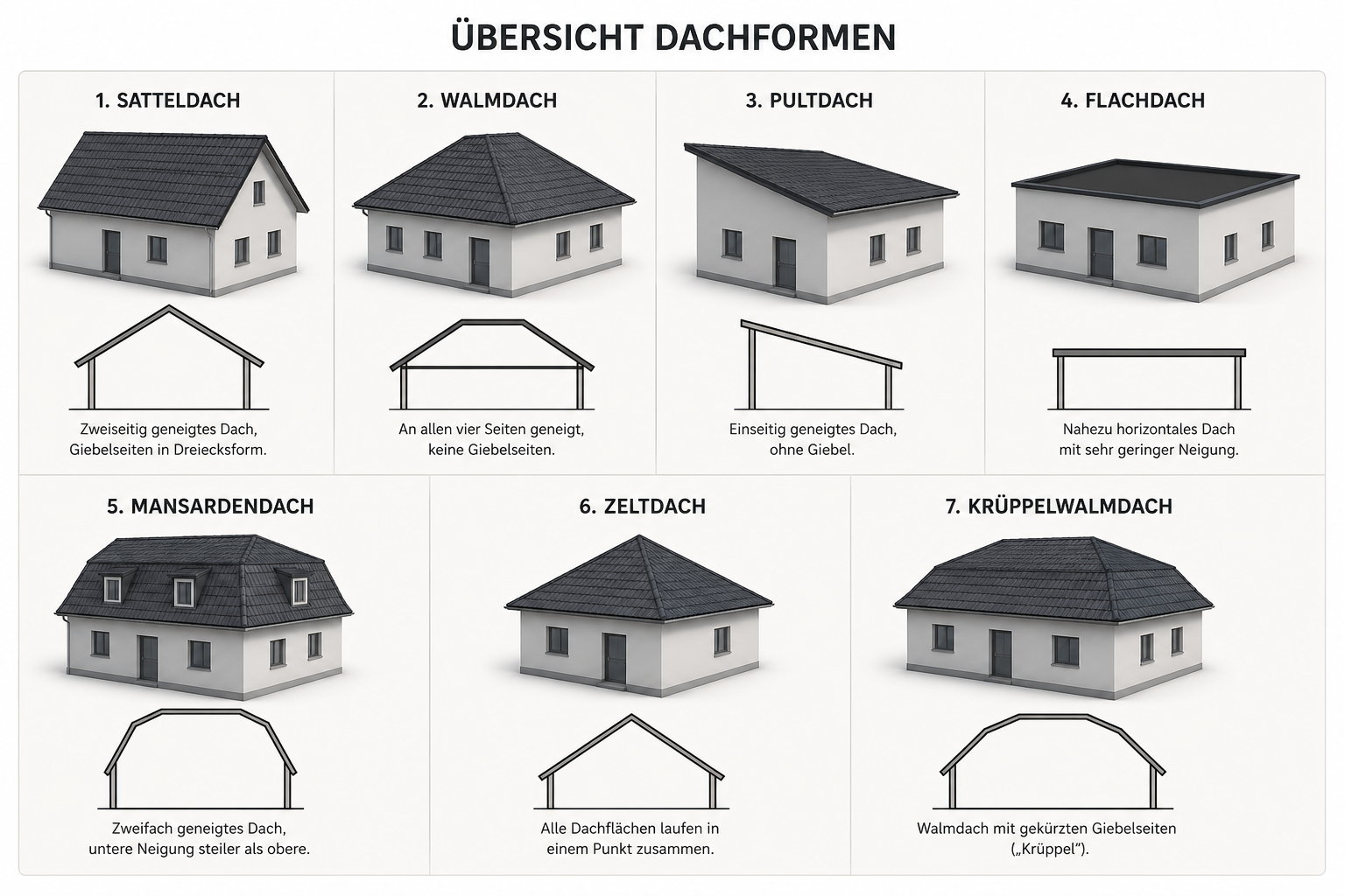 Übersicht von sieben Hausdachformen in Grau mit Skizzen und Labels