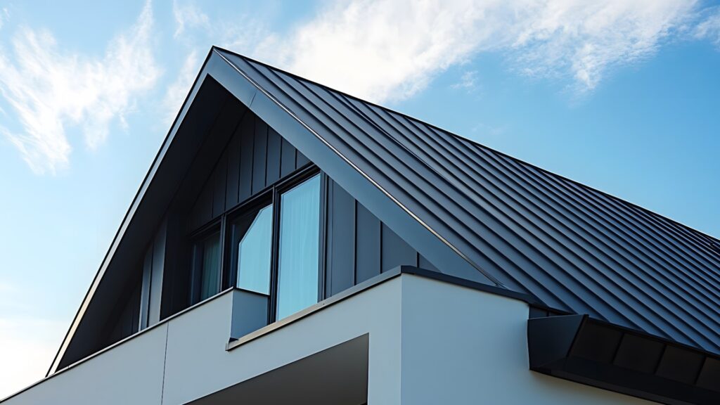 Architectural photography of a modern house roof detail with white wall exterior and metal roofing, emphasizing crisp lines and geometric shapes under outdoor lighting.