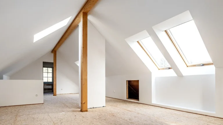 Heller leerer Dachraum mit Dachfenstern Holzbalken und weissen Schraegwaenden